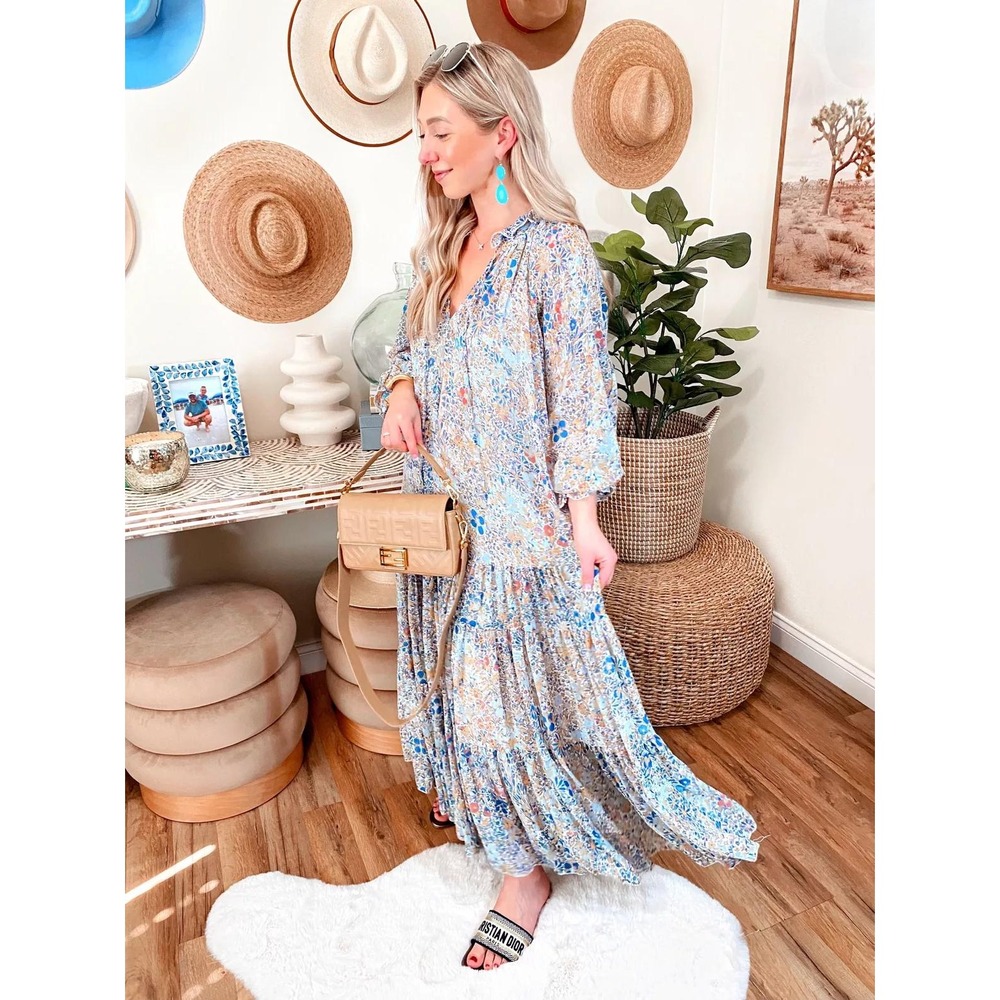 Free People maxi dress size S Feeling Groovy Blue floral boho festival